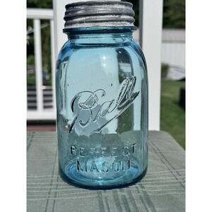 Antique Ball Perfect Mason Aqua Glass Quart Jar Zinc Porcelain Lid 1923-1933 103